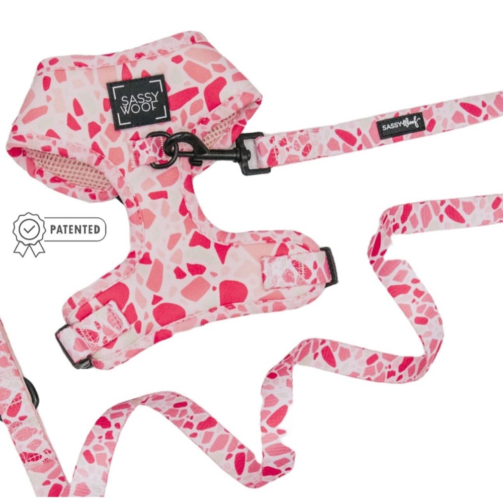 Sassy Woof Pink Terrazzo Adjustable Dog Harness & Leash Set